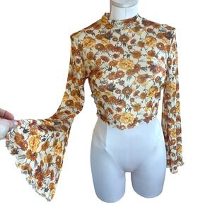 Sunflower Floral Mesh Mock Neck Bell Sleeve Crop Top Lettuce Hem 70s Boho Medium